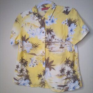 Gloria Vanderbilt Shirt Blouse S Button Short Sleeve Tropical Beach Yellow Brown